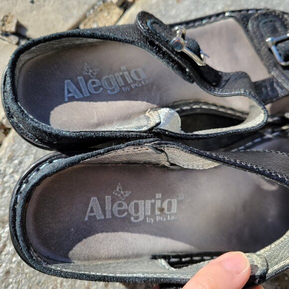 Alegria Black Leather Buckle Lara Pewter Slip On Wedge Heel Sandals Size 37 - Picture 9 of 11